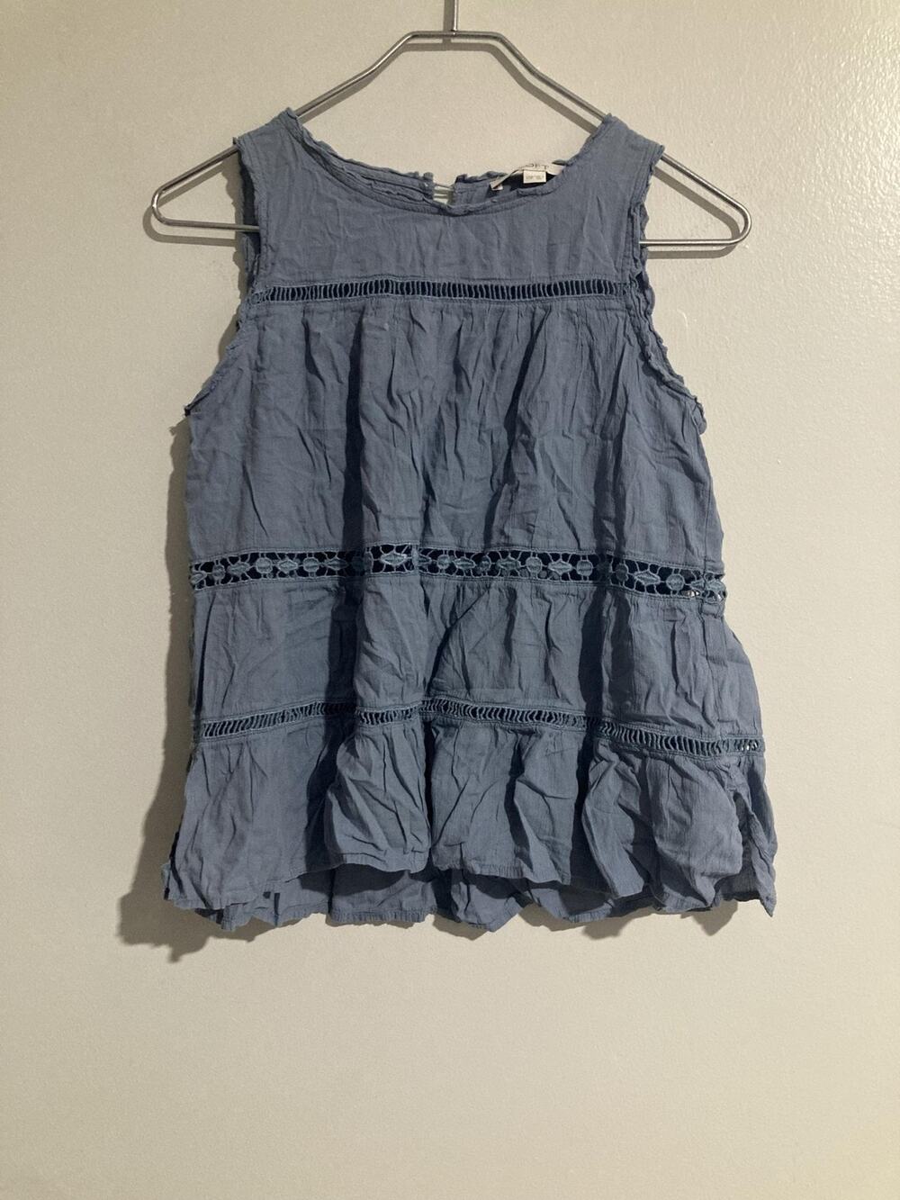 LOFT Blouse Womens 2XS Petites Blue Sleeveless Crochet Ruffle Lightweight Casual